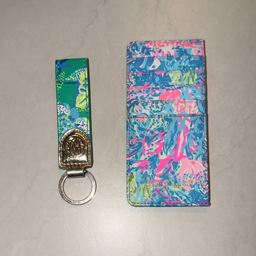 Lilly Pulitzer Blue and Pink Card Holder Wallet and Key Chain